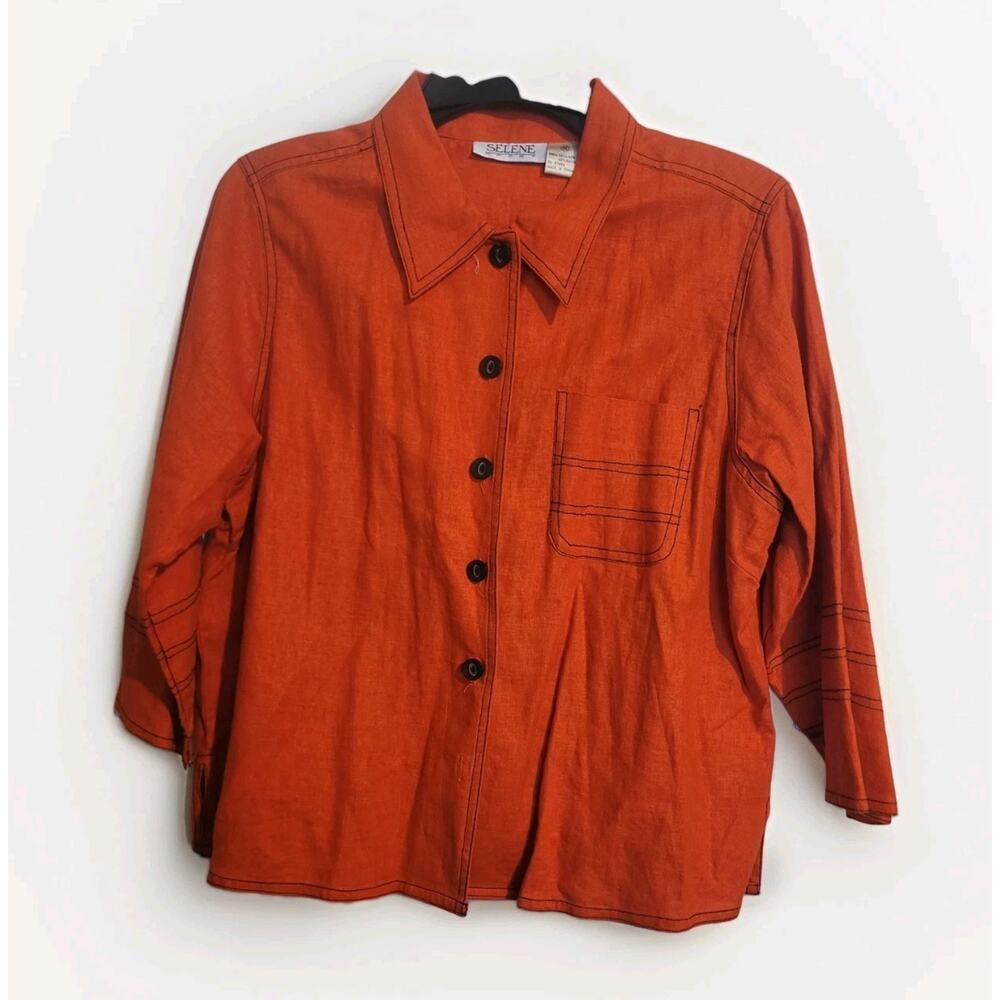Selene Sport Linen Blend Button Up Orange Top Womens M Contrast Stitch| Relaxed - Picture 2 of 11